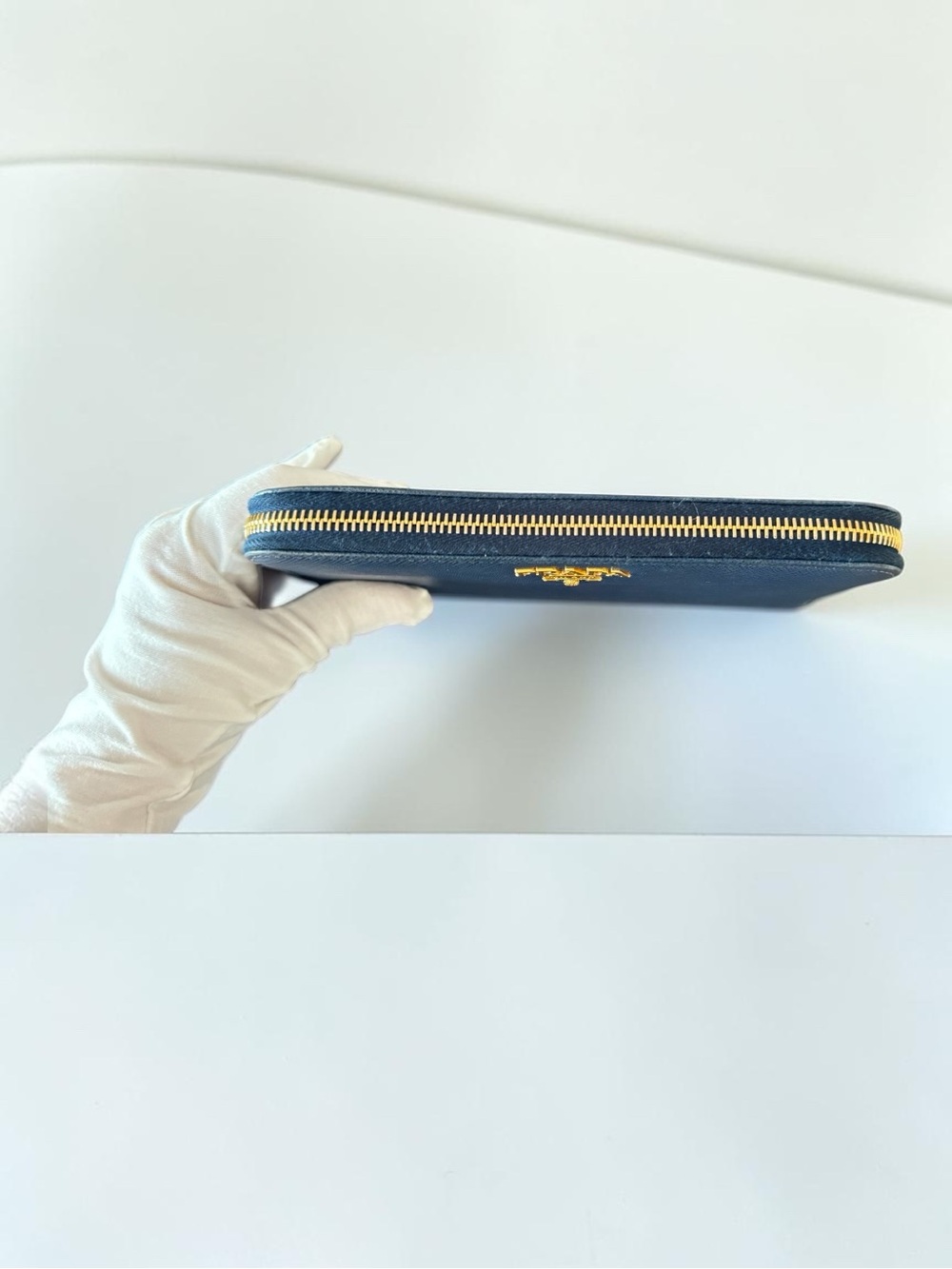 Excellent Blue Prada Zip-Around Wallet with Gold Accents - Picture 4 of 11